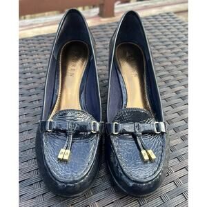 Ralph Lauren Rory Navy Blue Patent Leather Loafer Wedges With Tassels Size 8B